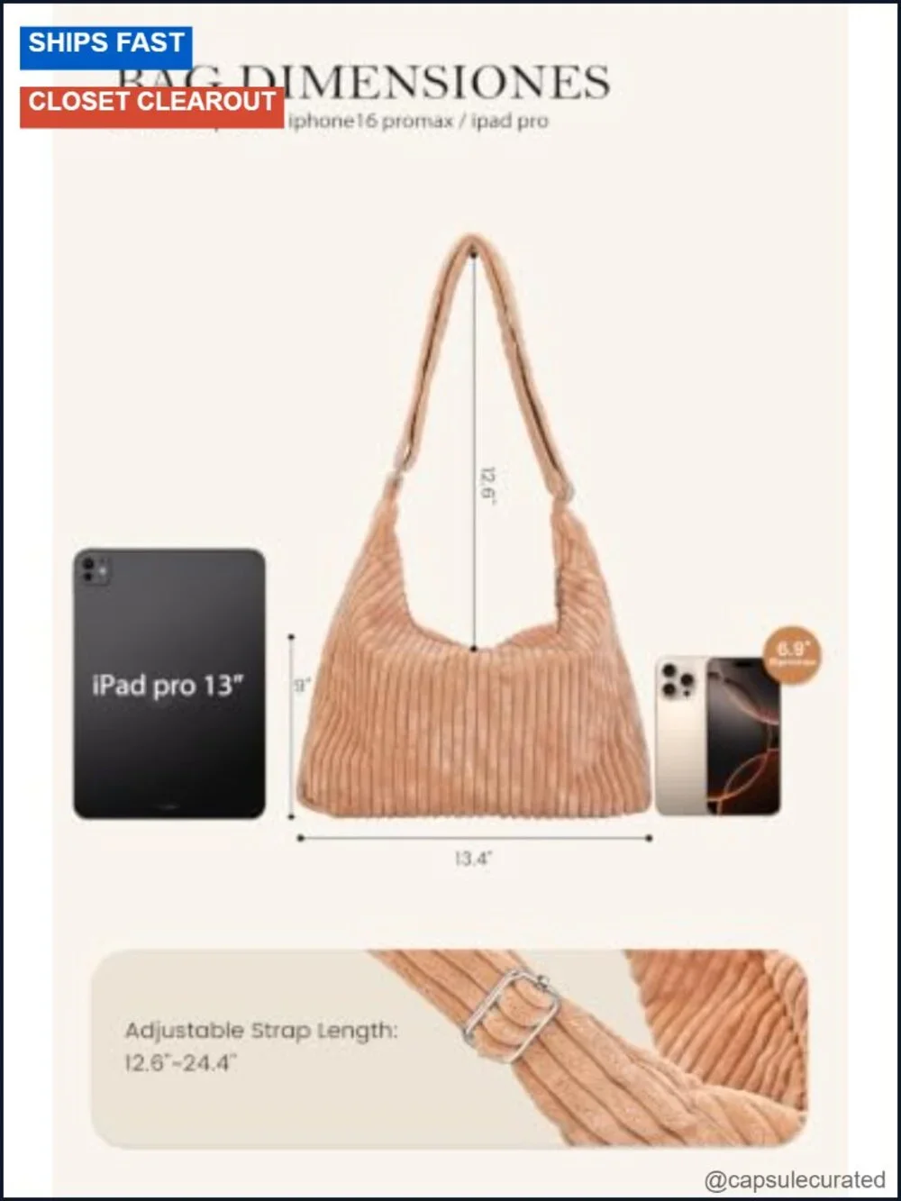Corduroy Hobo Bag - Adjustable Strap Shoulder Crossbody Purse Tote